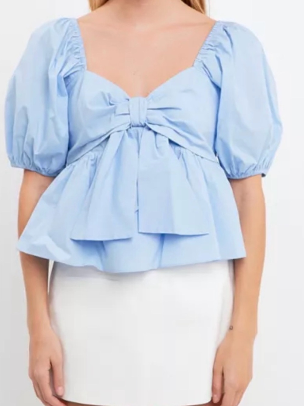 English Factory Light Blue Bow-Front Puff Sleeve Top size Extra Small